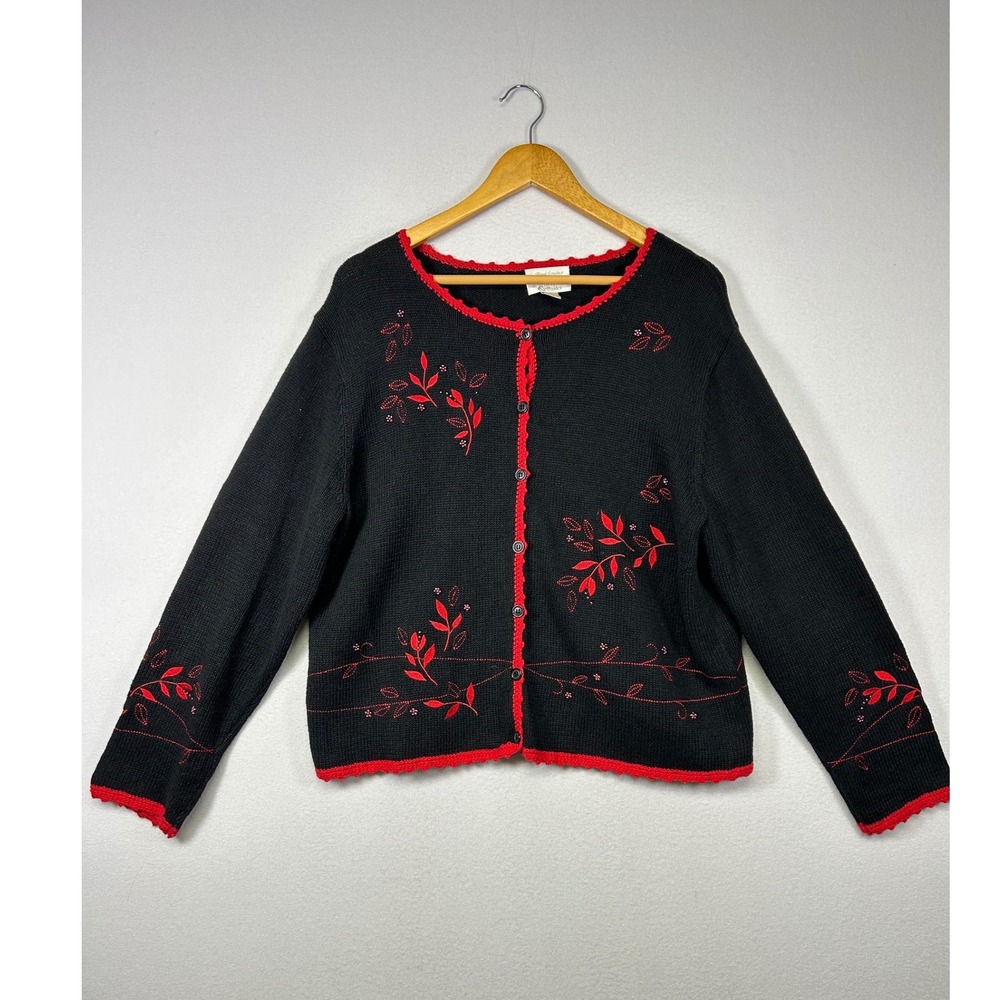 Vintage 2000s Christopher & Banks Women XL Black Red Floral Embroidered Cardigan